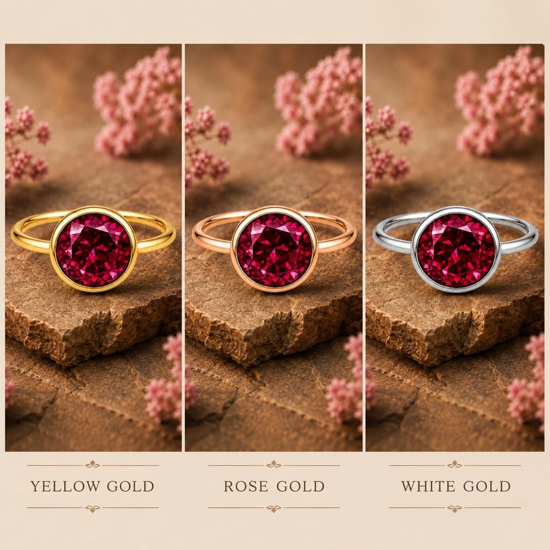 Lab Created Ruby Solitaire Ring, Round Cut Ruby Ring, Bezel Set Engagement Ring, July Birthstone Jewelry, Minimalist Gold Ring for Women image 4