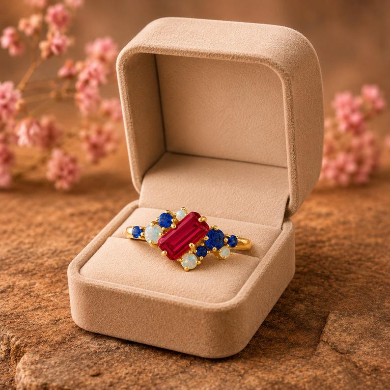 Op de afbeelding: Een gouden ring met een centrale rechthoekige rode edelsteen, geflankeerd door kleinere ronde blauwe saffieren en iriserende witte opalen, gepresenteerd in een beige fluwelen juwelendoosje. De ringband is dun en van gepolijst goud.