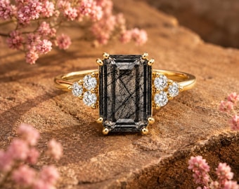 Lab Created Black Rutile Quartz Ring, Emerald Cut Black Rutile Ring, Statement Engagement Ring, Unique Gemstone Ring, Gift for Her