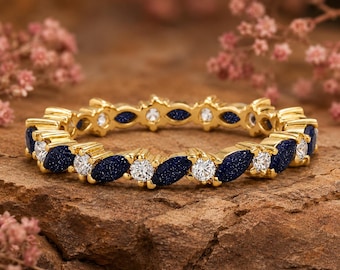 Lab Created Blue Sapphire Eternity Ring, Marquise Sapphire Wedding Band, September Birthstone Ring, Stackable Gemstone Ring Anniversary Gift