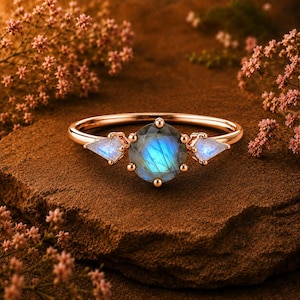 Ring labradoriet, ring maansteen en labradoriet, blauwe flits edelsteenring, roségouden beloftering, boho verlovingsring cadeau