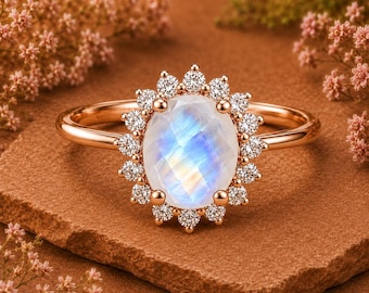 Regenboogmaansteenring, maansteen haloring, roségouden statement ring, ovale maansteen verlovingsring, handgemaakte sieraden cadeau voor vrouwen