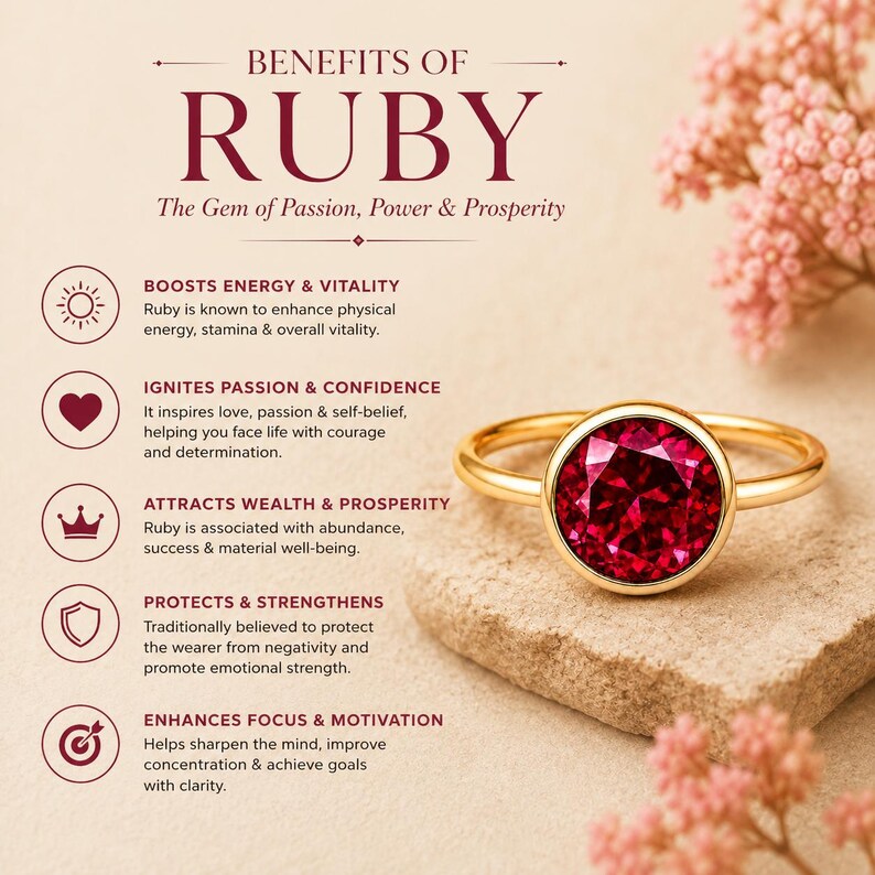 Lab Created Ruby Solitaire Ring, Round Cut Ruby Ring, Bezel Set Engagement Ring, July Birthstone Jewelry, Minimalist Gold Ring for Women image 8