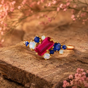 Op de afbeelding: Een gouden ring met een centrale rechthoekige, smaragdgeslepen rode edelsteen, geflankeerd door clusters van ronde blauwe saffieren en iriserende witte opalen. De ringband is van gepolijst goud en de stenen zijn in een asymmetrisch patroon gezet.