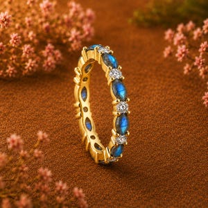 Labradoriet Eternity bandring, marquise labradoriet ring, blauwe flits edelsteen ring, CZ trouwring, stapelbare gouden ring voor vrouwen