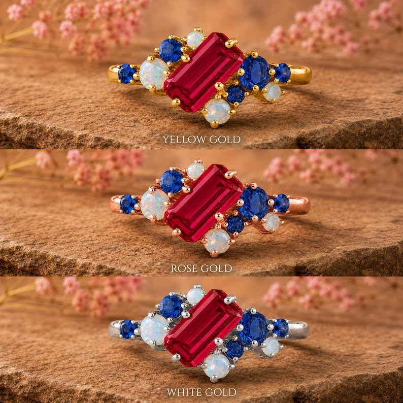 Op de afbeelding: Drie ringen met een centrale smaragdgeslepen rode edelsteen omringd door clusters van ronde blauwe saffieren en witte opalen. De bovenste ring is geelgoud, de middelste ros&eacute;goud en de onderste witgoud, elk voorzien van een bijbehorend label.