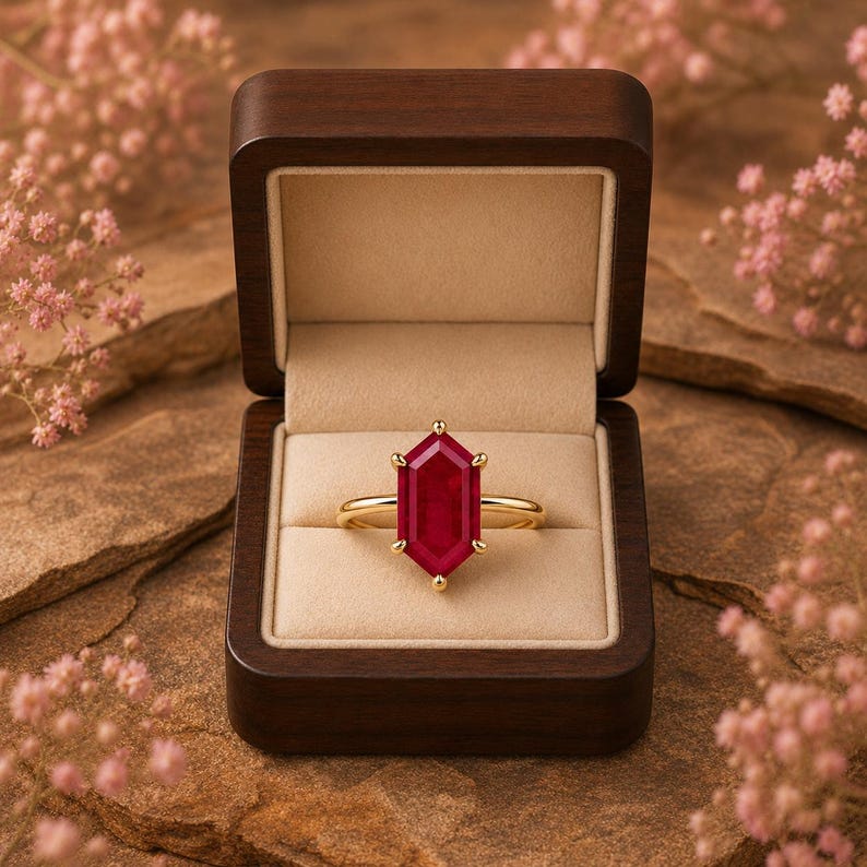 Lab gemaakt robijn ring, zeshoekig geslepen robijn solitaire ring, geboortesteen juli ring, minimalistische belofte ring, gouden ring voor vrouwen afbeelding 5