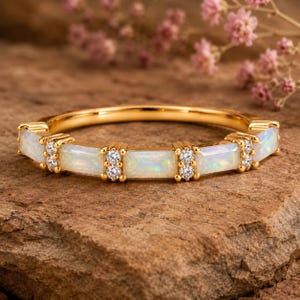 Opal Eternity Ring, Opal Wedding Band, October Birthstone Ring, Stackable Opal Ring, Minimalist Gemstone Band Gift for Her