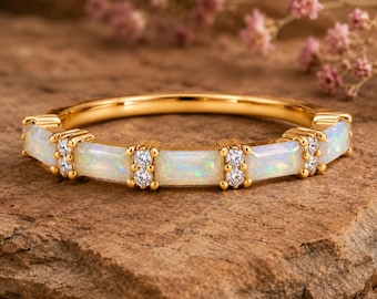 Lab Created Opal Eternity Ring, Baguette Cut, October Birthstone Wedding Band