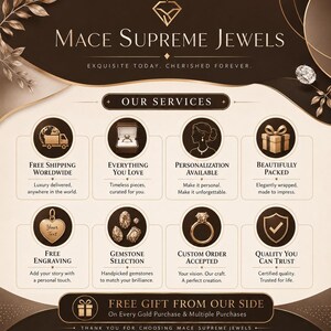 Op de afbeelding: Een bruine en cr&egrave;mekleurige informatiegrafiek voor Mace Supreme Jewels met een logo, de tekst Our Services en acht ronde iconen die verzending, sieraden, personalisatie, cadeauverpakking, graveren en kwaliteitsborging weergeven.
