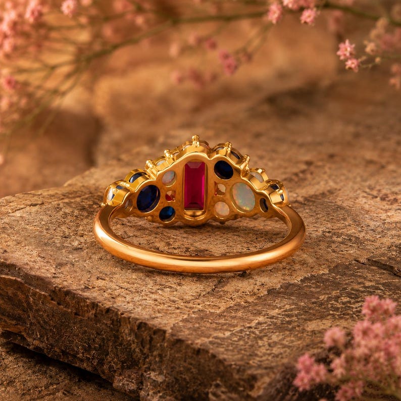 Ruby ring, ruby opaal blauwe saffier clusterring, ring geboortesteen juli, statement edelsteen ring, cadeau voor vrouwen afbeelding 5