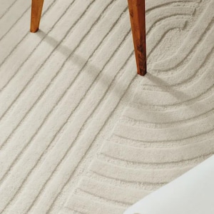 Hand Tufted Cream Wool Rug, Modern Abstract Line Pattern Area Rug, Neutral Minimalist Carpet, Luxury Living Room Bedroom Decor