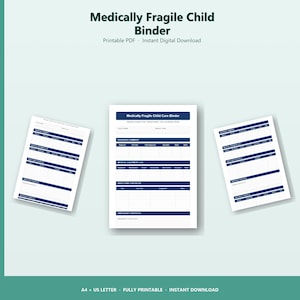 以下が含まれることがあります： 医療的に脆弱な子供向けの印刷可能なPDFバインダー。バインダーには、診断の概要、医療機器リスト、毎日のケアチェックリスト、緊急プロトコルのセクションが含まれています。「Medically Fragile Child Binder」というタイトルが上部にあります。A4およびUS Letterサイズで利用できます。