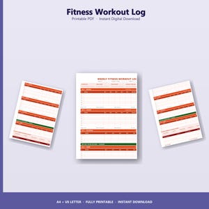Puede incluir: Tres hojas de registro de entrenamiento físico imprimibles sobre un fondo púrpura. Los registros son blancos con detalles en rojo y verde, con secciones para el seguimiento de entrenamientos semanales. El texto superior dice "Fitness Workout Log".