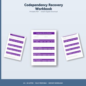 May include: A digital workbook titled "Codependency Recovery Workbook" with a purple and white design. The workbook is available as a printable PDF and instant digital download. The image shows three workbooks with various sections for self-assessment.
