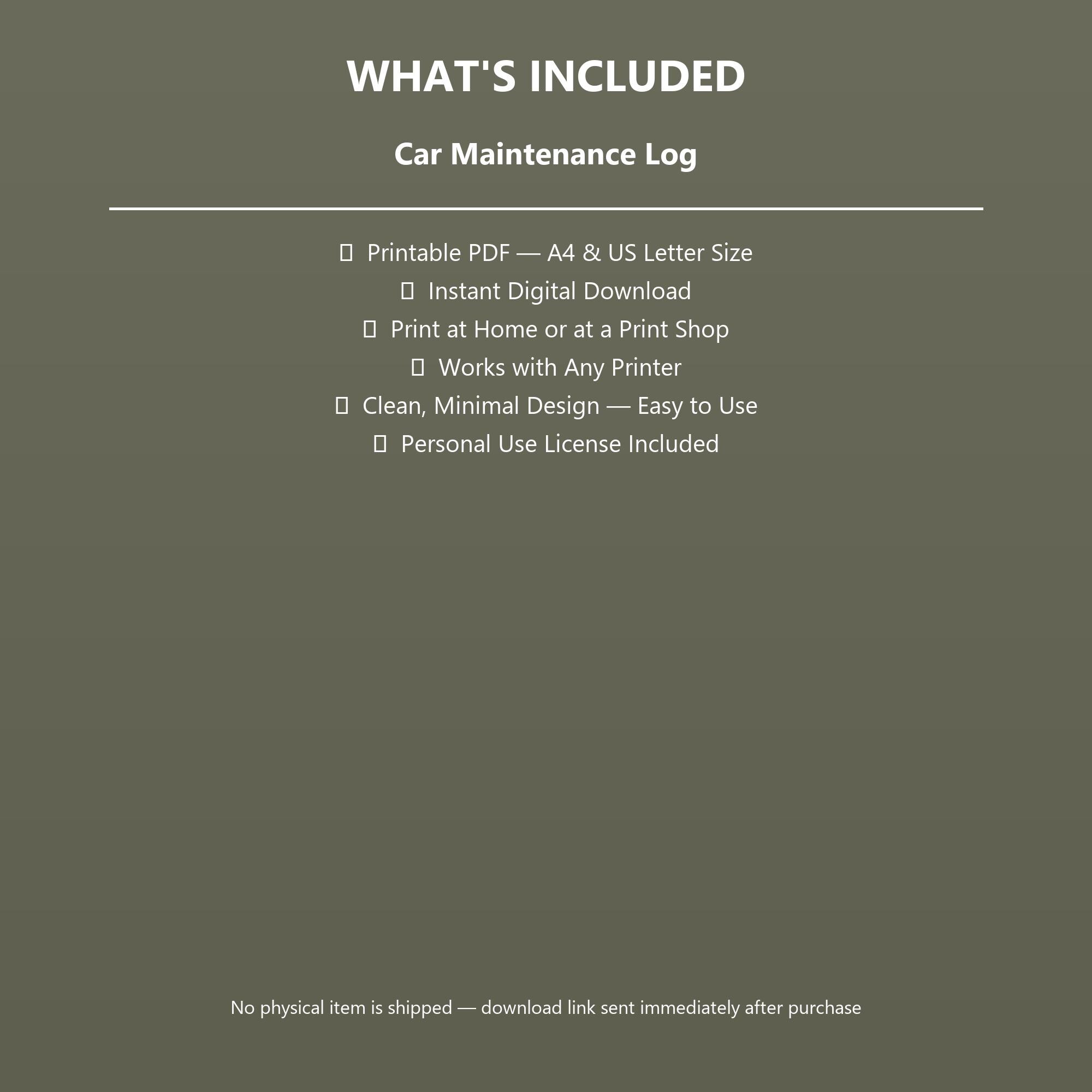 Car Maintenance Log Printable | Vehicle Service Record | Instant ...