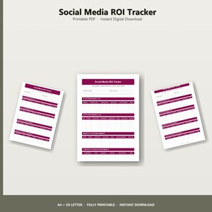 May include: A digital download of a Social Media ROI Tracker, with a white background and a dark magenta header. The document includes sections for platform growth, post performance, and content calendar performance. The text "Social Media ROI Tracker" is at the top.