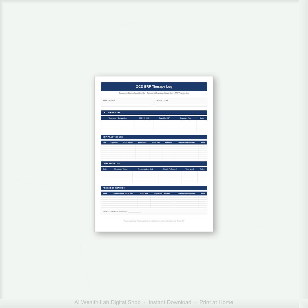 OCD ERP Therapy Log Printable | Obsessive-compulsive Disorder ...