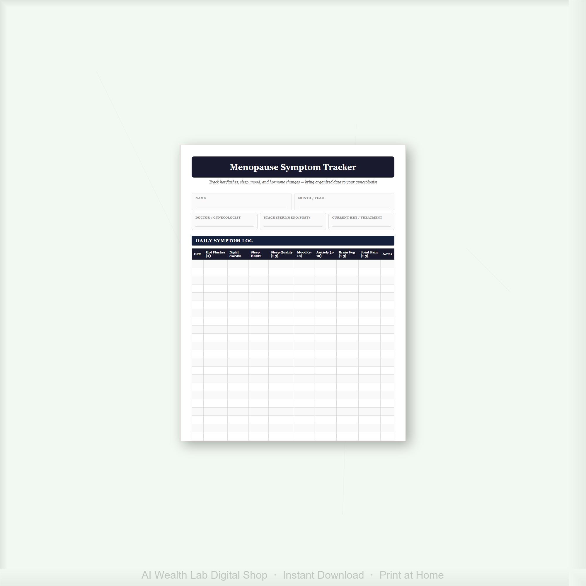 Menopause Symptom Tracker Printable | Hot Flash Log | Hormone Health ...