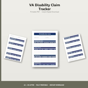 Puede incluir: Un rastreador digital de reclamos de discapacidad de VA en formato PDF. El diseño presenta una combinación de colores azul marino y blanco. El texto "VA Disability Claim Tracker" está en la parte superior. El documento incluye secciones para condiciones, evidencia y estado del reclamo.