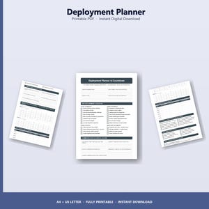 May include: Three printable PDF deployment planners with checklists and schedules. The top of the image reads "Deployment Planner" and "Printable PDF Instant Digital Download". The planners are white with black text and graphics.