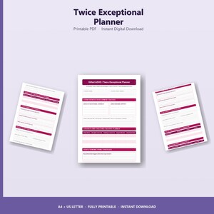 Puede incluir: Un planificador digital titulado "Twice Exceptional Planner" con el texto "PDF imprimible Descarga digital instantánea". Las páginas del planificador son blancas con acentos rosas y morados. El planificador incluye secciones para el seguimiento del desarrollo y estrategias de afrontamiento.