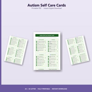 Puede incluir: Tres tarjetas imprimibles de autocuidado para el autismo con fondo blanco y texto verde. Las tarjetas se titulan "Tarjetas de rutina de autocuidado para el autismo" e incluyen listas de verificación para las rutinas diarias.