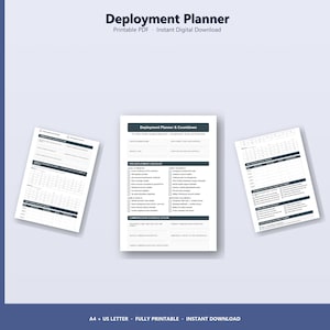 May include: Three printable PDF deployment planners with checklists and schedules. The top of the image reads "Deployment Planner" and "Printable PDF - Instant Digital Download". The planners are white with black text and a blue background.