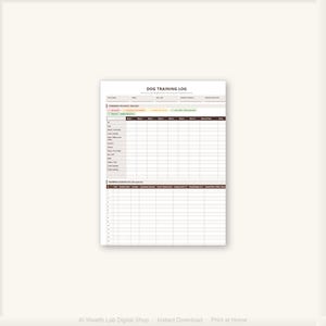 Puede incluir: Un registro de entrenamiento para perros imprimible en blanco con el título "DOG TRAINING LOG". El registro incluye secciones para el progreso de los comandos y las sesiones de entrenamiento, con columnas para rastrear el progreso durante varias semanas. La parte inferior de la imagen tiene el texto "AI Wealth Lab Digital Shop - Instant Download - Print at Home."