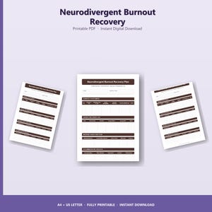 May include: A printable PDF titled "Neurodivergent Burnout Recovery" with a white background and dark brown text. The image shows three sheets of paper with a recovery plan layout, including sections for assessment and tracking. The text includes "Instant Digital Download".