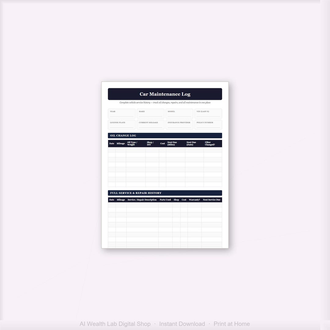 Car Maintenance Log Printable | Vehicle Service Record | Oil Change Log ...