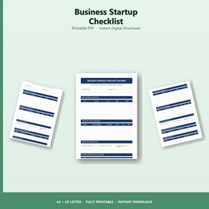 May include: A printable business startup checklist in PDF format. The document is white with blue detailing and includes sections for pre-launch checklists and financial analysis. The text "Business Startup Checklist" is at the top.
