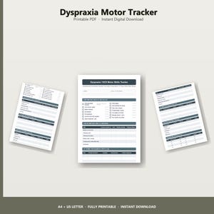 Puede incluir: Un documento PDF imprimible titulado "Dyspraxia Motor Tracker" con fondo blanco. El documento incluye listas de verificación de habilidades motoras finas y gruesas, y un registro de actividades del programa en casa. El texto es en negro y gris.