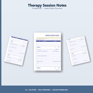 May include: Three printable therapy session notes on a light blue background. The notes are white with blue and yellow accents. The text "Therapy Session Notes" is at the top. The notes are labelled "Printable PDF - Instant Digital Download".