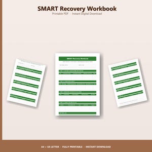 May include: A digital download of a SMART Recovery Workbook. The workbook is white with green accents and includes sections for self-management and recovery. The text "SMART Recovery Workbook" is at the top. The document is available as a printable PDF.