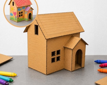 DIY Cardboard House Template, DIY Craft Pattern, Craft for kids, building toy, DIY House, House Craft (Pdf print download)