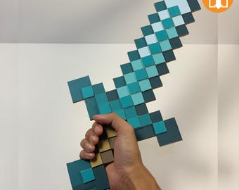 DIY Pixel Diamond Sword Template, Cardboard Pattern, Pixel Cardboard Template (Pdf print download)
