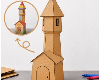 DIY Cardboard Wizard Tower Template, DIY Craft Pattern, DIY Building, Tower Craft, Craft for kids, building toy (Pdf print download)