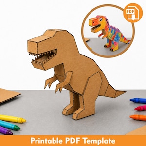 Könnte beinhalten: Ein braunes T-Rex-Dinosaurier-Modell aus Pappe mit gezacktem Maul und kurzen Armen. Ein eingefügter Kreis zeigt eine fertig mit bunten Wachsmalstiften ausgemalte Version. Der Text PDF ist in der Ecke sichtbar, unten steht Printable PDF Template.