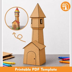 May include: A brown cardboard tower structure with a pointed roof and a smaller attached house section featuring a door. An inset circle shows a colored version of the tower with a rainbow roof, sun, and flower drawings. Text reads Printable PDF Template.
