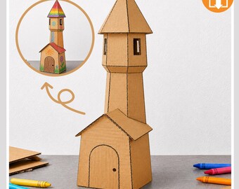 DIY Cardboard Wizard Tower Template, DIY Craft Pattern, DIY Building, Tower Craft, Craft for kids, building toy (Pdf print download)