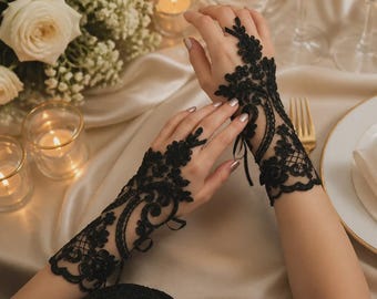 Guanti da sposa senza dita in pizzo da donna - Nero e bianco, taglia unica