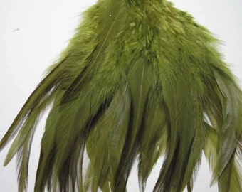 40 Strung Rooster Saddle Hackle Feathers - Dark Olive (5 - 8 inches)