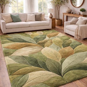 Hand Tufted Wool Area Rug, Botanical Leaf Pattern Carpet, Green Beige Botanical Home Decor