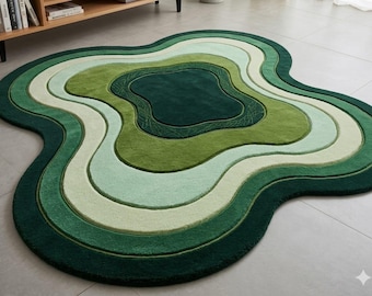 Hand-Tufted Sculpted Green Wavy Rug, Irregular Topographic Accent Carpet
