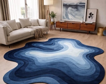 Abstract Blue Organic Shape Rug – Soft High Pile Wool Carpet | Modern Irregular Designer Area