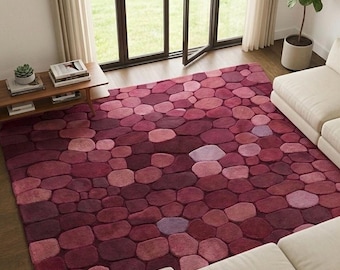 Hand Tufted Wool pabale Rug, Burgundy Red Wine, 3D Stone Texture, Geometric Carpet