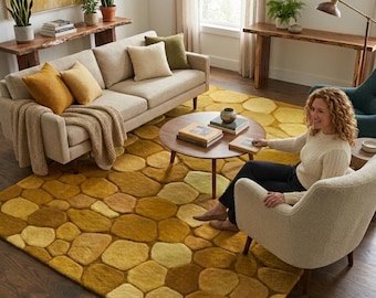 Gold Wool Rug Hand Tufted | High Low Pile Textured Rug | Modern Geometric Area Carpet