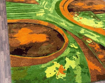 Hand-Tufted Wool Abstract Topographic Rug, Mid Century Modern Earth Tones