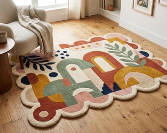 teracotta scalloped Shape Rug – Soft High Pile Wool Carpet | Modern Irregular Designer Area